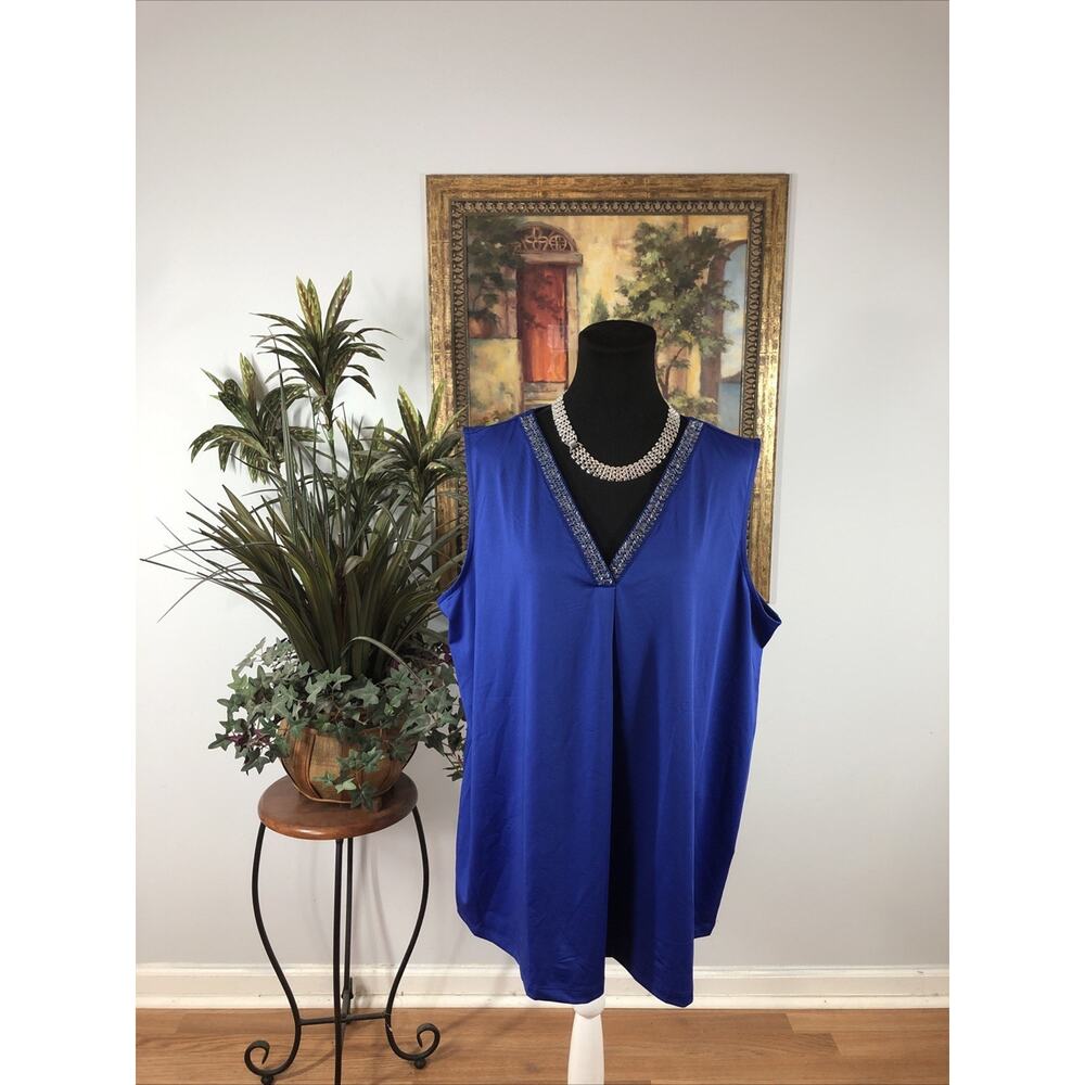 Avenue Women’s Sleeveless Top Blue Beaded V-Neck Plus Size 22/24 Tunic Pullover